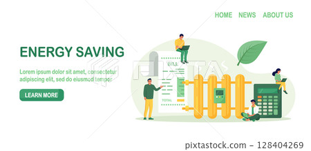 Man monitoring central heating meter, calculating utility bill. Home energy efficiency audit. Reduce costs heating, cooling. Efficiency utilities consumption. Save money on payment for resource usage 128404269