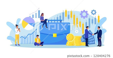 Business people with investor portfolio. Briefcase with money stacks, pie chart, graph. Financial literacy, investment. Businessmen invests in stocks and bonds. Stock market trading strategy Business people with investor portfolio. Briefcase with money stacks, pie chart, graph. Financial literacy, investment. Businessmen invests in stocks and bonds. Stock market trading strategy 128404276