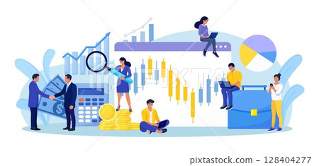 Global stock exchanges index. Forex trading. Trading strategy. Businessmen buy and sell cryptocurrency, stocks, bonds. People analyzing candlestick chart of the stock market, financial graphs 128404277