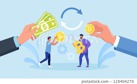 Businessmen exchanging bitcoins and dollars. Crypto currency exchange. People buy and sell cryptocurrency or bitcoin with US dollar. Money conversion. Blockchain technology 128404278