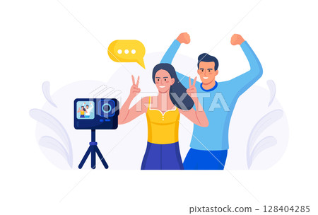 Blogger people make video blog content, channel in social media. Man and woman in front of phone camera recording video to share it in internet. Live streaming, broadcast. Online conferencing Blogger people make video blog content, channel in social media. Man and woman in front of phone camera recording video to share it in internet. Live streaming, broadcast. Online conferencing 128404285
