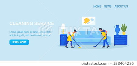 Cleaning service or company. People doing housework. Janitors in uniform washing floor at home. Professional hygiene service for domestic households. Cleaners tiding up apartment room making cleaning Cleaning service or company. People doing housework. Janitors in uniform washing floor at home. Professional hygiene service for domestic households. Cleaners tiding up apartment room making cleaning 128404286