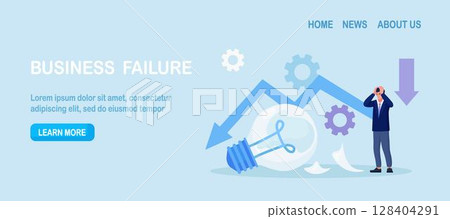 Fail start up business. Unexpected entrepreneur bankruptcy. Depressed businessman standing near broken light bulb. New business failure. Burnout or exhaustion from crisis, no new idea or inspiration 128404291
