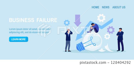 Fail start up business. Unexpected entrepreneur bankruptcy. Depressed businessman sitting on broken light bulb. New business failure. Burnout or exhaustion from crisis, no new idea or inspiration 128404292