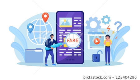 Fake news. Man with magnifying glass scanning and check news on smartphone. Disinformation, propaganda on online news media. Spreading untruth information, hoax 128404296