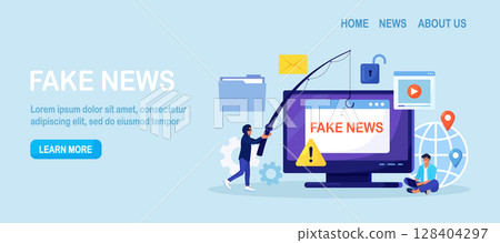 Fake news. Mass media political propaganda. Unknown person spreading false information, misinformation in internet. Fraud and cheat content in social network. Vector design 128404297