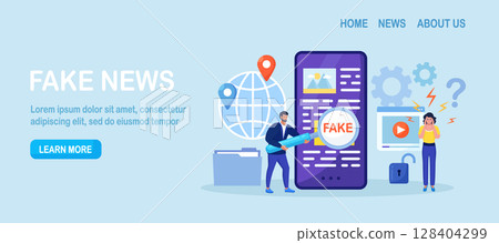 Fake news. Man with magnifying glass scanning and check news on smartphone. Disinformation, propaganda on online news media. Spreading untruth information, hoax. Vector design 128404299