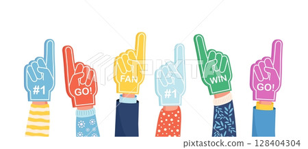 Set of colorful foam hand. Cheering Sports Fans. Fan foam fingers for show support for a team on championship game. Encouragement symbol. Number one and best Set of colorful foam hand. Cheering Sports Fans. Fan foam fingers for show support for a team on championship game. Encouragement symbol. Number one and best 128404304
