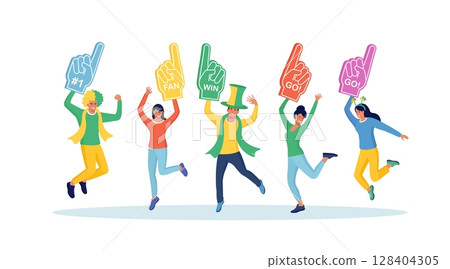 Cheering sports fans with colorful foam hands. Fan foam fingers for show support for team on championship game. Audience rooting for their soccer team. Supporters watch football game, cheerleading Cheering sports fans with colorful foam hands. Fan foam fingers for show support for team on championship game. Audience rooting for their soccer team. Supporters watch football game, cheerleading 128404305