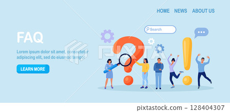 Frequently Asked Questions. Business People Standing near Exclamations and Question Marks. Clients Ask Questions, Search and Receive Answers. Help Information, Instruction. Online Support Center 128404307