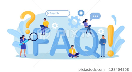 Frequently Asked Questions. People Standing near Giant FAQ, Exclamations and Question Marks. Clients Ask Questions, Search and Receive Answers. Help Information, Instruction. Online Support Center 128404308