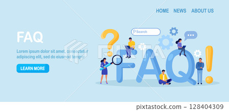 Frequently Asked Questions. People Standing near Giant FAQ, Exclamations and Question Marks. Clients Ask Questions, Search and Receive Answers. Help Information, Instruction. Online Support Center 128404309