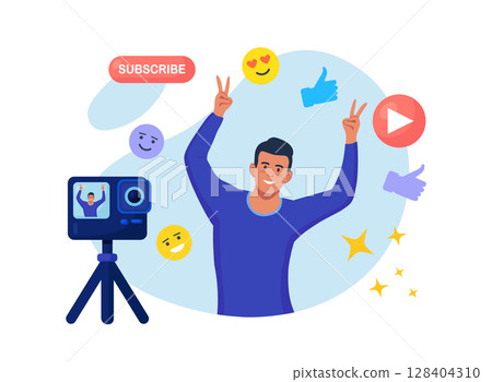 Social media post, blogging. Influencer, blogger make video blog content. Character in front of camera recording video to share it in internet. Live streaming, broadcast. Selfie creative idea 128404310