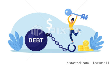 Happy woman with big key. Reduce debt burden. Female borrower opened shackles and got rid of debt. Financial freedom, money management. Loan restructuring. Character freed from monetary obligations 128404311
