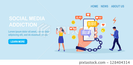 Social media addiction. People addicted to smartphones. Man, woman holding phones, surfing internet, chatting. Hand with handcuff chained with phone 128404314