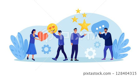 Customer feedback rating. People giving emoticon such as stars, thumbs up, heart sign. User experience or client satisfaction. Client opinion for product and services. Business satisfaction support 128404315