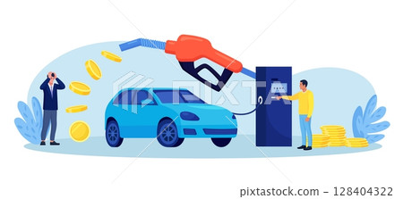 Driver refueling car with fuel gun dropping out coins. Fuel economy and money savings. High price for auto petrol. People wasting money for gasoline. Man pumping gasoline oil Driver refueling car with fuel gun dropping out coins. Fuel economy and money savings. High price for auto petrol. People wasting money for gasoline. Man pumping gasoline oil 128404322
