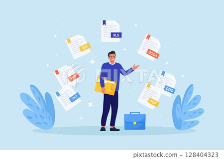 Converting, exchanging different file formats. Man sharing or send with document in pdf, doc, xls or txt format. Documents conversion. Cloud service and information exchange. Download files Converting, exchanging different file formats. Man sharing or send with document in pdf, doc, xls or txt format. Documents conversion. Cloud service and information exchange. Download files 128404323