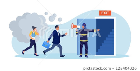 Employees leaving office, workplace in life-threatening situation. Building evacuation procedure. Fireman with megaphone announces fire emergency evacuation alarm. Firefighter with loudspeaker 128404326