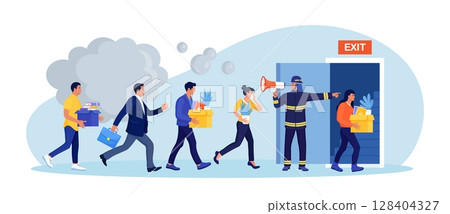 Employees leaving office, workplace in life-threatening situation. Building evacuation procedure. Fireman with megaphone announces fire emergency evacuation alarm. Firefighter with loudspeaker 128404327