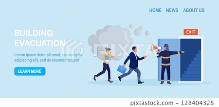 Employees leaving office, workplace in life-threatening situation. Building evacuation procedure. Fireman with megaphone announces fire emergency evacuation alarm. Firefighter with loudspeaker 128404328