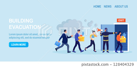 Employees leaving office, workplace in life-threatening situation. Building evacuation procedure. Fireman with megaphone announces fire emergency evacuation alarm. Firefighter with loudspeaker Employees leaving office, workplace in life-threatening situation. Building evacuation procedure. Fireman with megaphone announces fire emergency evacuation alarm. Firefighter with loudspeaker 128404329