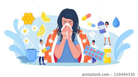 Young girl suffering from quinsy, or flu or any other virus cold. Woman sneezing and cough, using handkerchief or napkin. Ways to treatment illness with pills, medicines, hot tea with lemon, honey 128404330