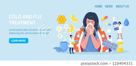 Young girl suffering from quinsy, or flu or any other virus cold. Woman sneezing and cough, using handkerchief or napkin. Ways to treatment illness with pills, medicines, hot tea with lemon, honey Young girl suffering from quinsy, or flu or any other virus cold. Woman sneezing and cough, using handkerchief or napkin. Ways to treatment illness with pills, medicines, hot tea with lemon, honey 128404331