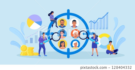 Focus group concept. People avatars in crosshair. Businessmen study audience, research consumer behavior. Target audience at aim. Customer attraction campaign, accurate seo, advertising 128404332