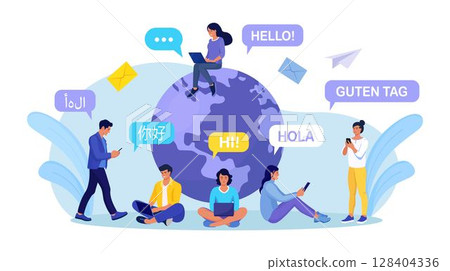 Young people chatting in foreign languages with phone. Multilingual greeting. Hello in different languages. Diverse cultures, international communication. Students with speech bubbles and earth planet 128404336