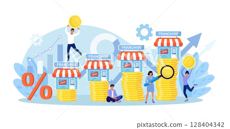 Franchise marketing system. People Start Franchise Small Enterprise, Company with Corporate Headquarter. Shops on Stacks of Money. Businessmen Increase Revenue, Profit with Franchising Business 128404342