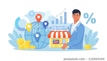 Franchise Marketing System. Man Starts Franchise Small Enterprise, Company with Corporate Headquarter. Expanding Brand Store Network on World Map. Businessman Increase Revenue, Profit with Franchising 128404344