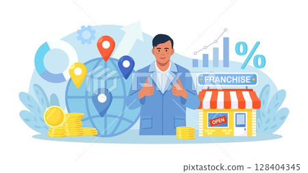 Franchise Marketing System. Man Starts Franchise Small Enterprise, Company with Corporate Headquarter. Expanding Brand Store Network on World Map. Businessman Increase Revenue, Profit with Franchising 128404345