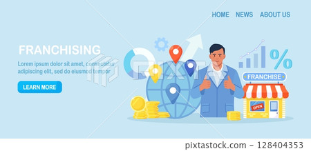 Franchise Marketing System. Man Starts Franchise Small Enterprise, Company with Corporate Headquarter. Expanding Brand Store Network on World Map. Businessman Increase Revenue, Profit with Franchising 128404353