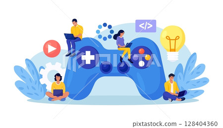 Game development, playing online. Creative process of computer video game design. Digital technology, programming. Programmers coding digital game. UI UX developers working on entertainment project 128404360