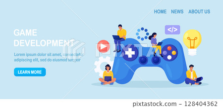 Game development, playing online. Creative process of computer video game design. Digital technology, programming. Programmers coding digital game. UI UX developers working on entertainment project Game development, playing online. Creative process of computer video game design. Digital technology, programming. Programmers coding digital game. UI UX developers working on entertainment project 128404362