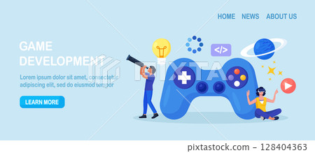 Game development. Creative process of video game design. Programming, digital technology and coding. Virtual world development, interactive design visualization. VR space exploring and simulation 128404363