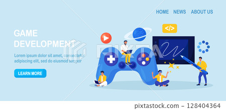 Game development. Creative process of video game design. Programming, digital technology and coding. Virtual world development, interactive design visualization. VR space exploring and simulation Game development. Creative process of video game design. Programming, digital technology and coding. Virtual world development, interactive design visualization. VR space exploring and simulation 128404364