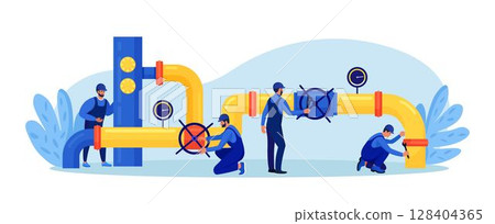 Oil industry, gas production. Operators control oil and gas transportation from plant with oil pipeline. Fossil resource. Fuel products. Engineers in workwear inspect petroleum pipelines 128404365