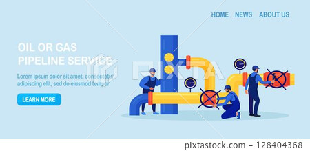 Oil industry, gas production. Operators control oil and gas transportation from plant with oil pipeline. Fossil resource. Fuel products. Engineers in workwear inspect petroleum pipelines 128404368