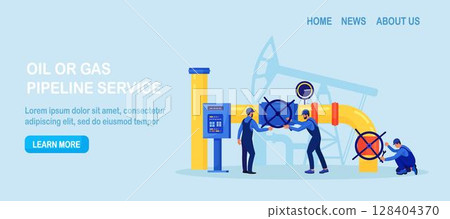 Oil industry, gas production. Operators control oil and gas transportation from plant with oil pipeline. Fossil resource. Fuel products. Engineers in workwear inspect petroleum pipelines 128404370