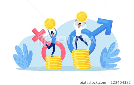 Gender gap and inequality between men and women salary, income. Businessman and businesswoman are standing on stack of money representing wages level. Gender diversification. Sexism and discrimination Gender gap and inequality between men and women salary, income. Businessman and businesswoman are standing on stack of money representing wages level. Gender diversification. Sexism and discrimination 128404382
