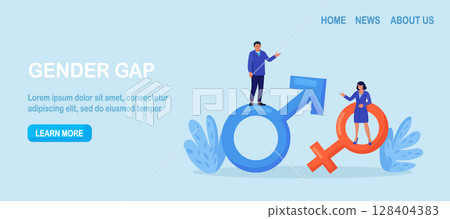 Gender business gap. Businessman and woman standing on gender symbol. Female discrimination. Inequality between men and women wage and career opportunity, salary disparity. Unequal rights 128404383