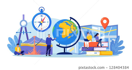 Geography school subject. People research cross section of volcano. Students studying atlas, lands, features, inhabitants of the Earth. Cartography and navigation, geology, environment research 128404384