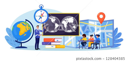 Geography school subject. Pupils studying atlas, lands, features, inhabitants of the Earth. Cartography and navigation, geology, environment research.Teacher pointing at chalkboard, teaching kids 128404385