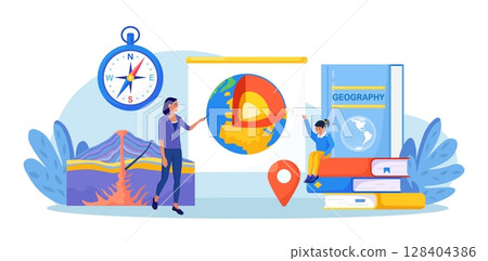 Geography school subject. Pupil studying geology in classroom. Teacher pointing at chalkboard, teaching kids. Student learn earth mantle. Biosphere, geosphere, lithosphere, asthenosphere. Earth inside 128404386