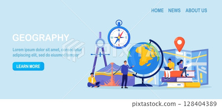 Geography school subject. People research cross section of volcano. Students studying atlas, lands, features, inhabitants of the Earth. Cartography and navigation, geology, environment research 128404389