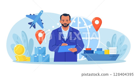 Import and export shipping of goods with sea or air transport. International logistics, cargo delivery. Global trade. Ocean Freight. Businessman sale goods and services worldwide. World partnership 128404395