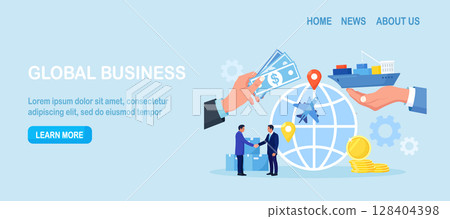 Import and export shipping of shipment with sea or air transport. International logistics, cargo delivery. Global trade. Ocean Freight. Businessman sale goods and services worldwide. World partnership 128404398