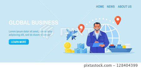 Import and export shipping of goods with sea or air transport. International logistics, cargo delivery. Global trade. Ocean Freight. Businessman sale goods and services worldwide. World partnership 128404399